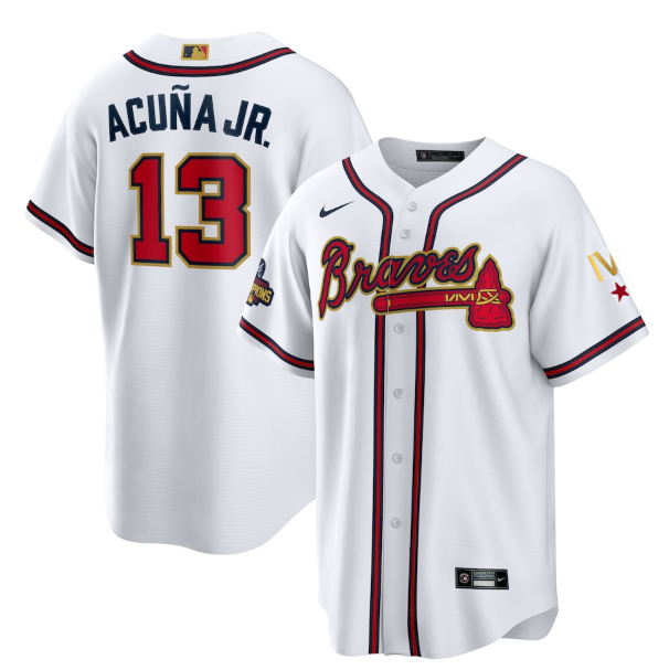 Men's Atlanta Braves #13 Ronald Acuña Jr. 2022 White/Gold World Series Champions Program Cool Base Stitched Baseball Jersey